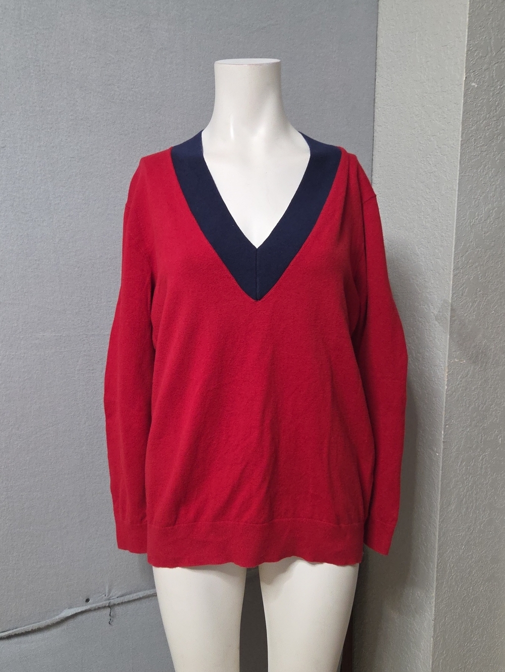 Lauren Ralph Lauren Red Navy Blue Colorblock V Neck Preppy Knit Sweater Xs Sz.
